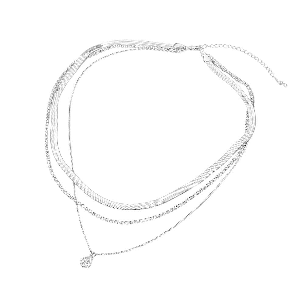 White Gold Dipped Teardrop Stone Bezel Accent Herringbone Chain Layered Necklace