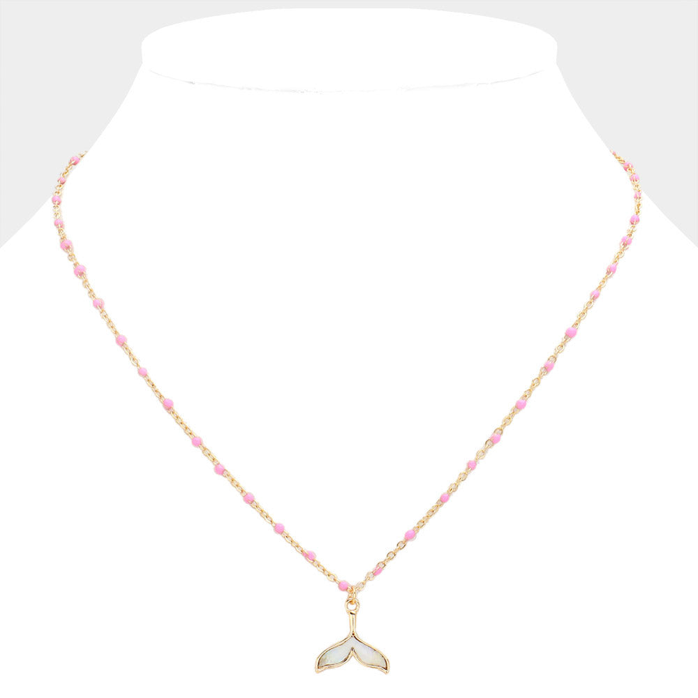 Mother Of Pearl Beads Station Whale Tail Pendant Necklace