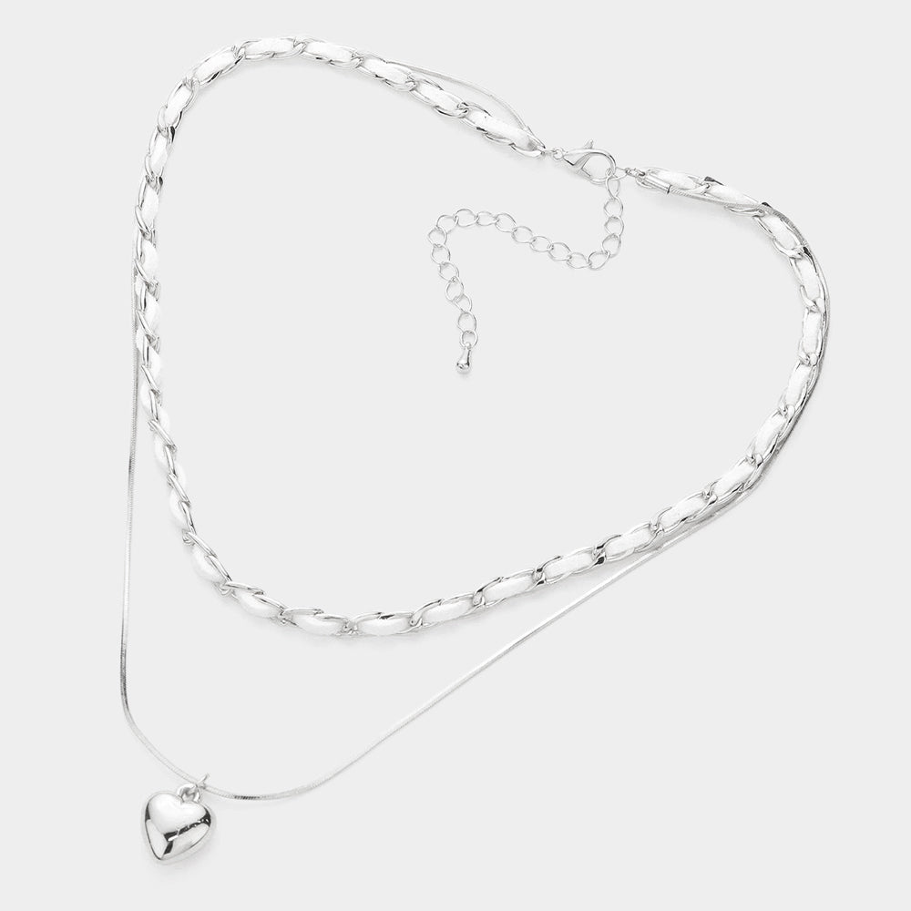 Faux Suede Double Layered Metal Heart Pendant Necklace