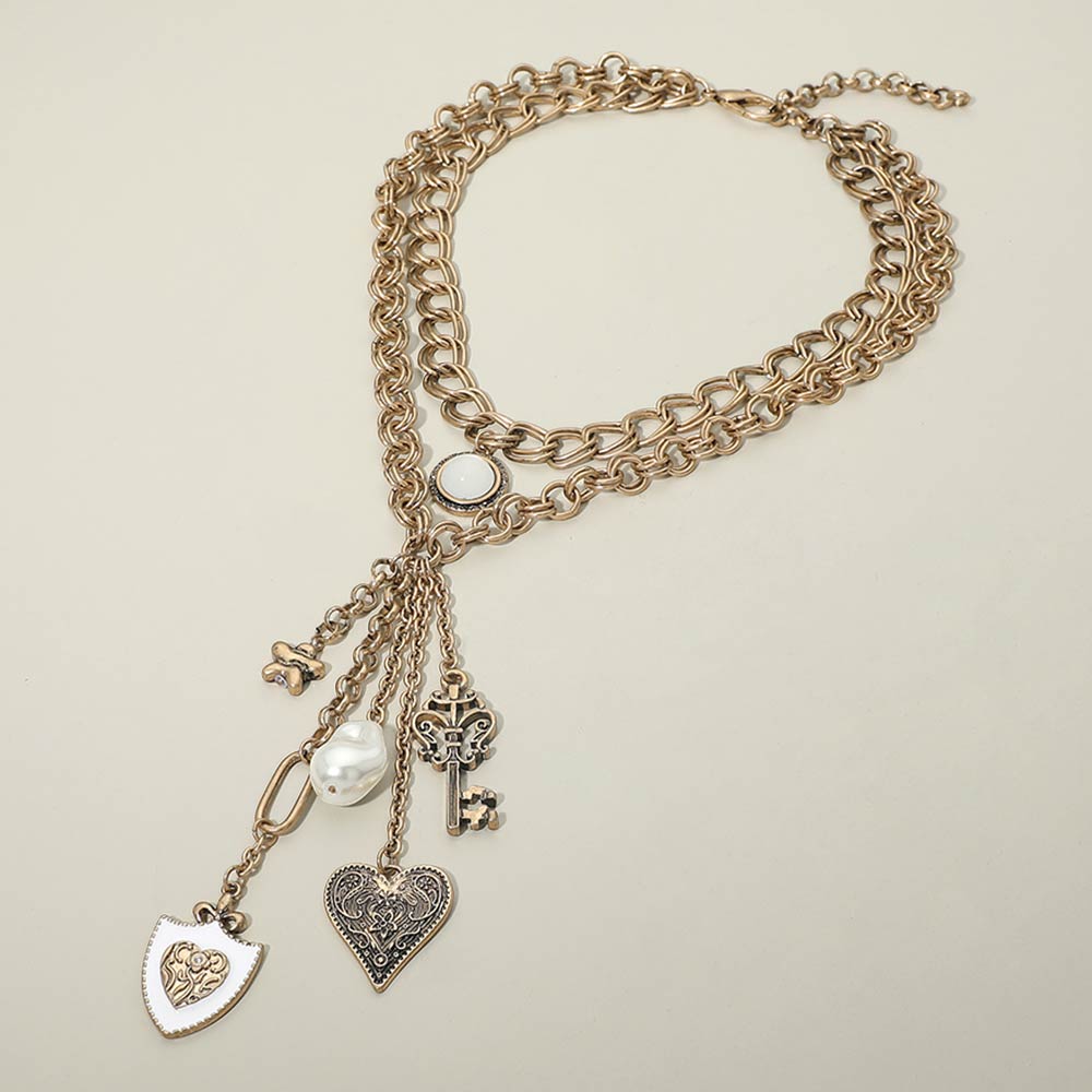 Vintage Heart Pearl Key Flower Charm Drop Layered Statement Necklace