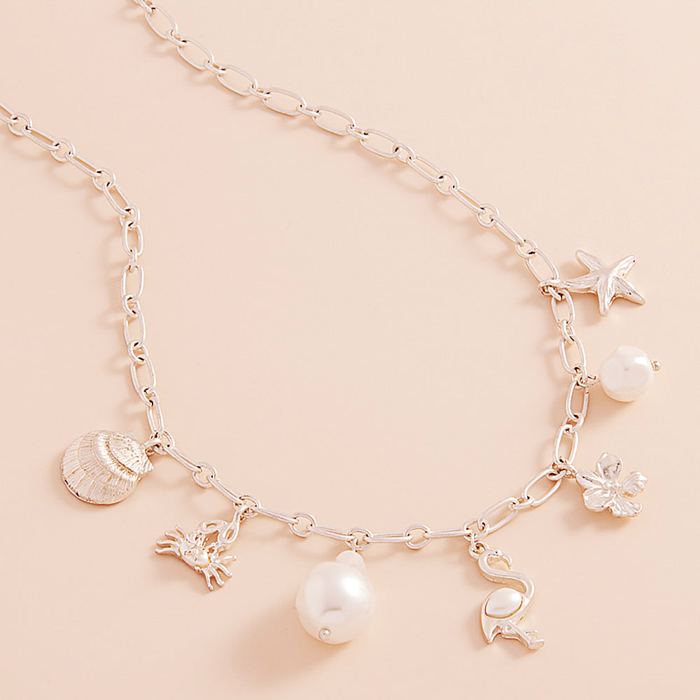 Metal Seashell Crab Starfish Flower Pearl Flamingo Charm Station Necklace
