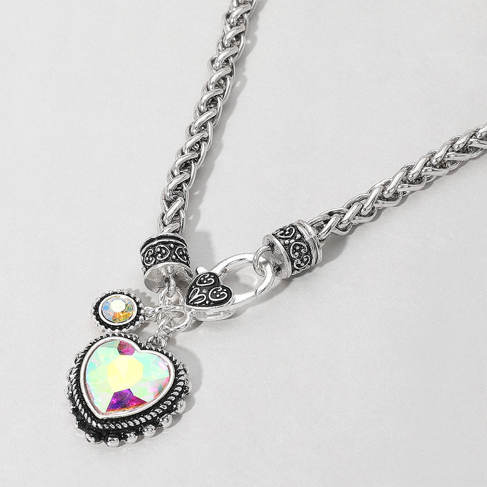 Heart Stone Pendant Antique Metal Necklace