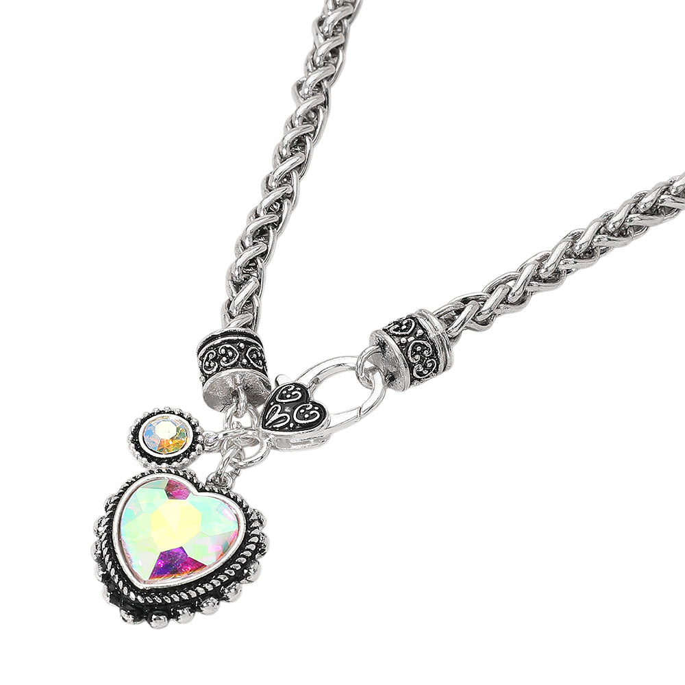 Heart Stone Pendant Antique Metal Necklace
