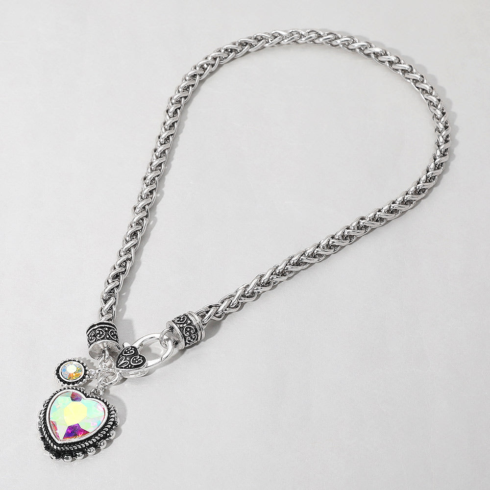 Heart Stone Pendant Antique Metal Necklace