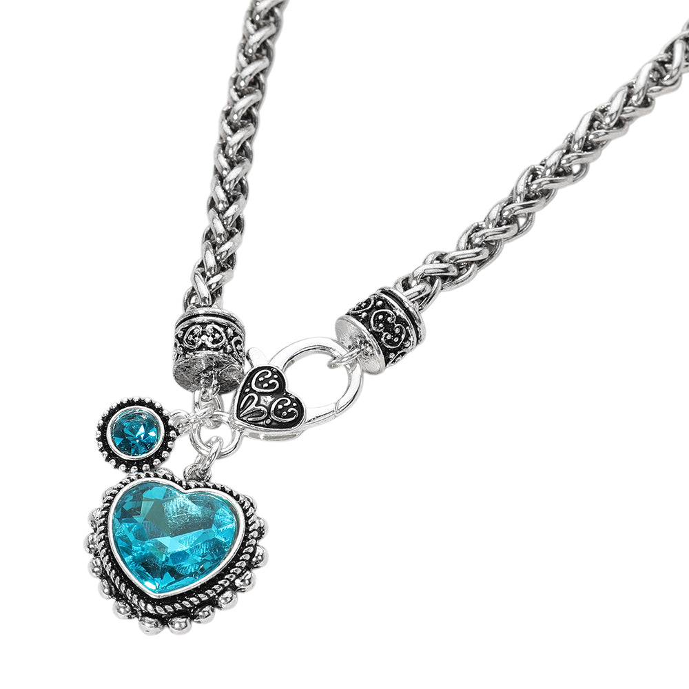 Heart Stone Pendant Antique Metal Necklace