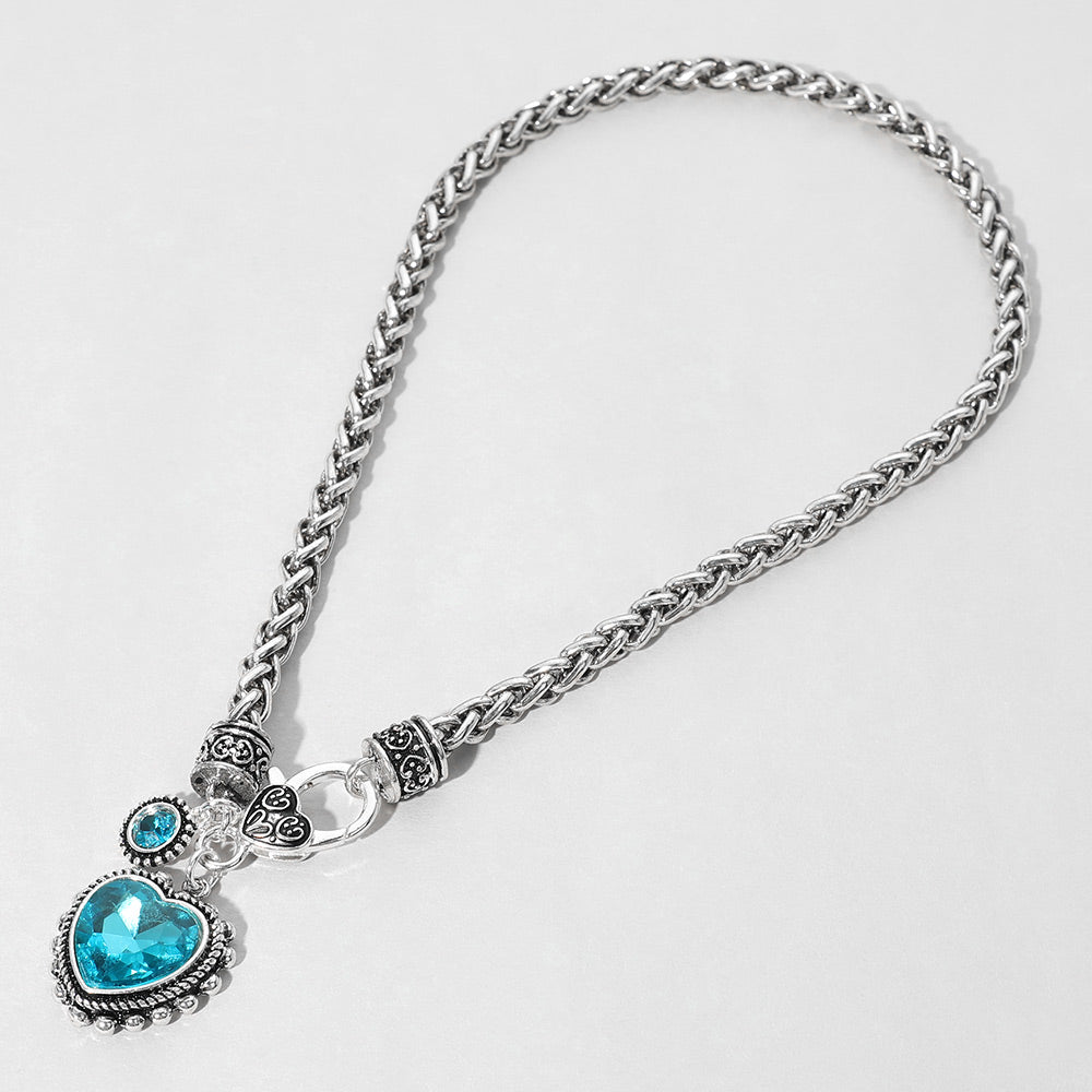 Heart Stone Pendant Antique Metal Necklace