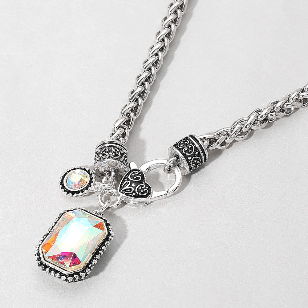 Rectangular Stone Pendant Antique Metal Necklace