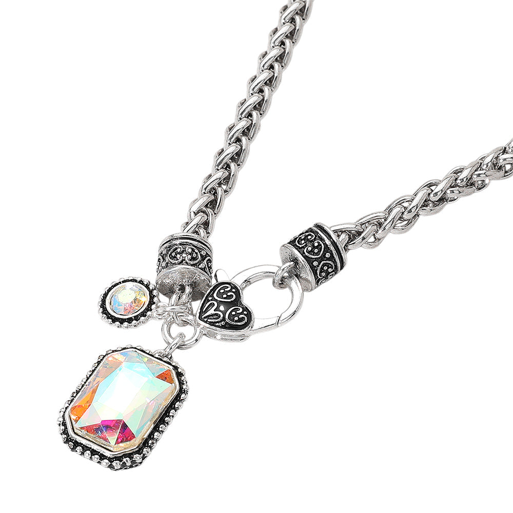 Rectangular Stone Pendant Antique Metal Necklace