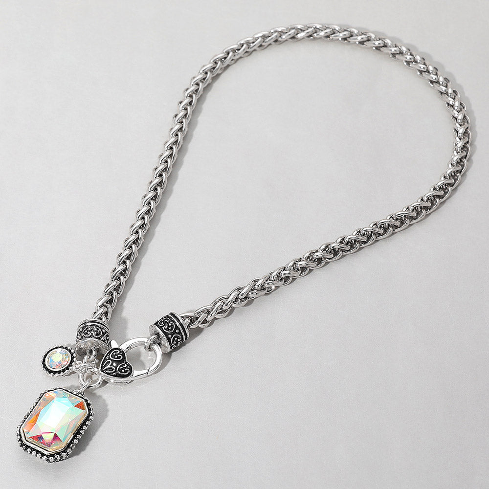 Rectangular Stone Pendant Antique Metal Necklace