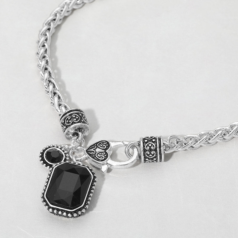 Rectangular Stone Pendant Antique Metal Necklace