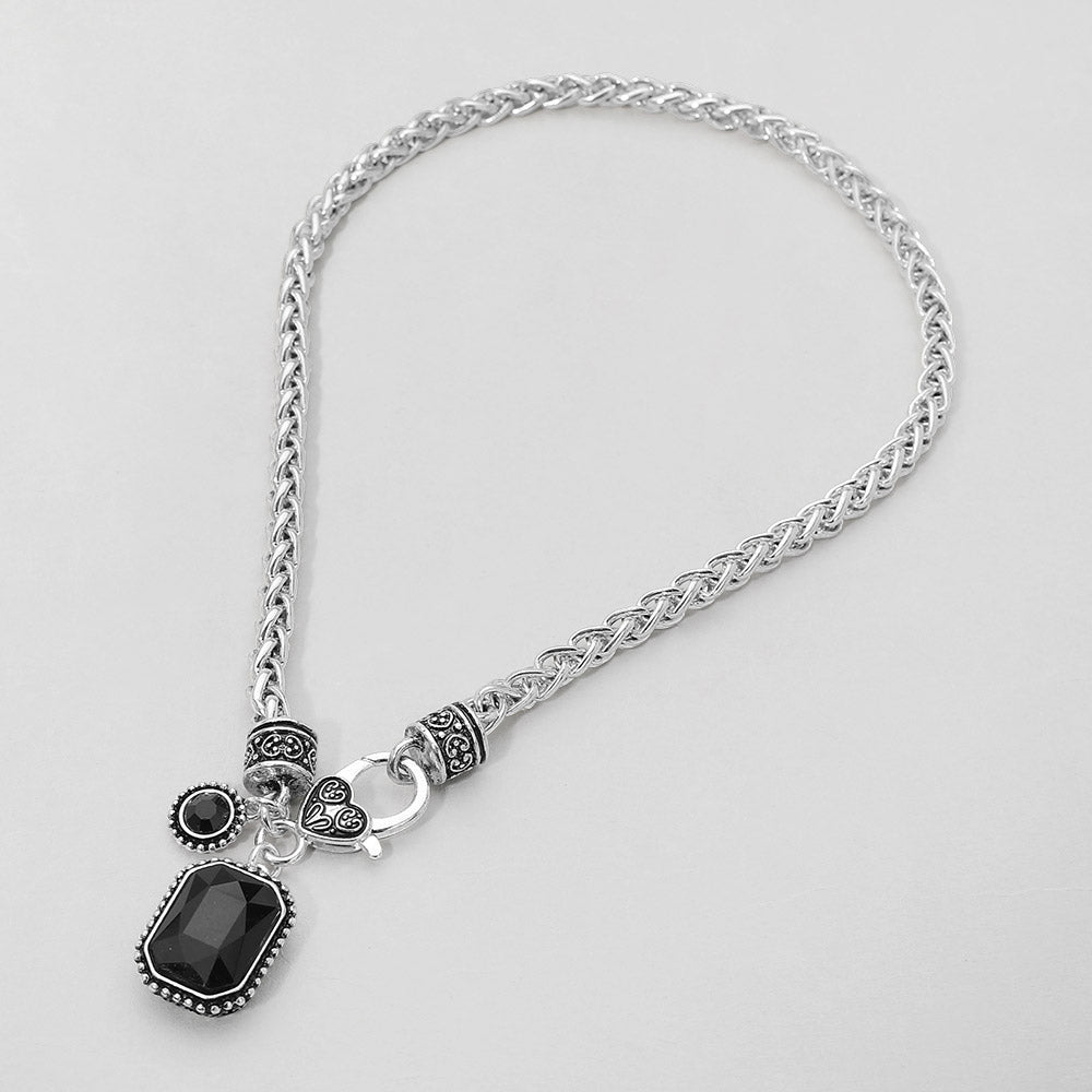 Rectangular Stone Pendant Antique Metal Necklace