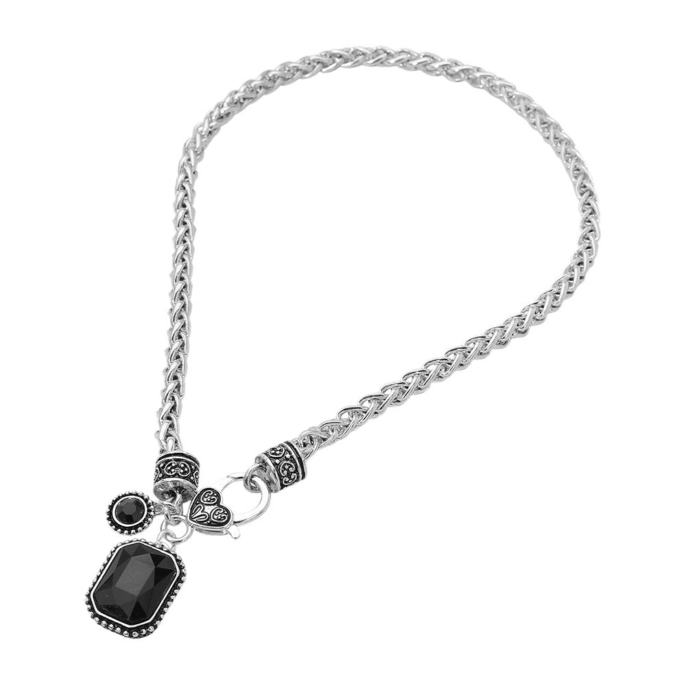 Rectangular Stone Pendant Antique Metal Necklace
