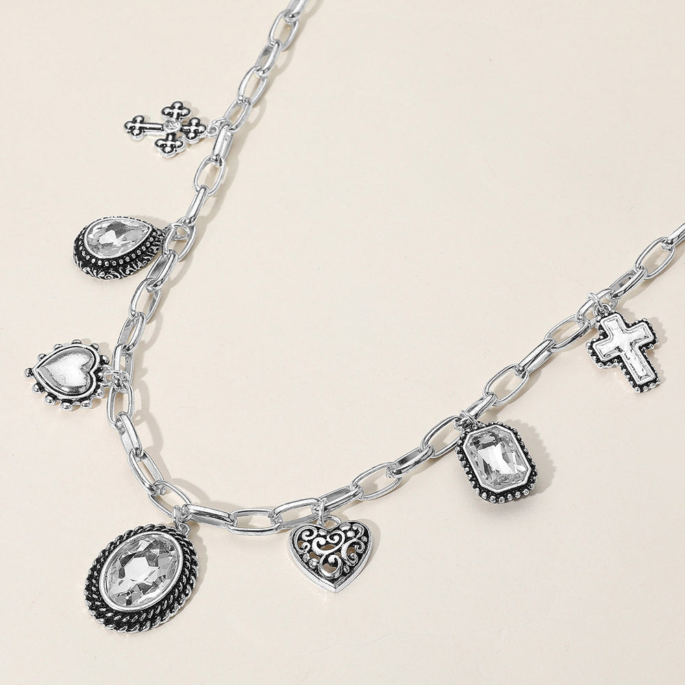 Antique Metal Oval Teardrop Rectangle Stone Cluster Metal Heart Cross Charm Station Necklace