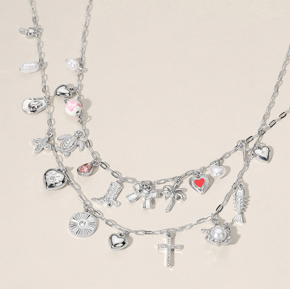 2PCS - Metal Fish Palm Tree Bow Cowboy Boot Sea Turtle Pearl Heart Cross Ceramic Ball Charm Station Necklace