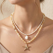 Starfish Spiral Shell Pendant Accent Beaded Layered Necklace