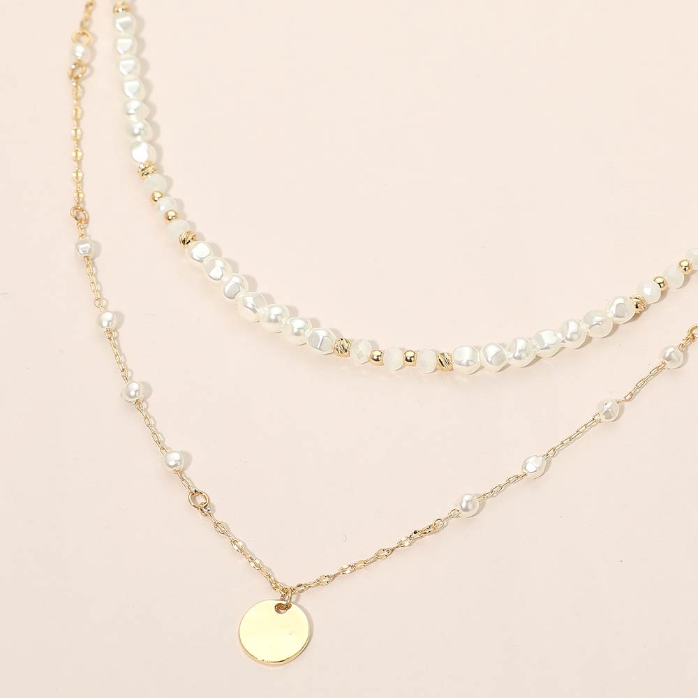 Metal Disc Pendant Pearl Beaded Layered Chain Necklace