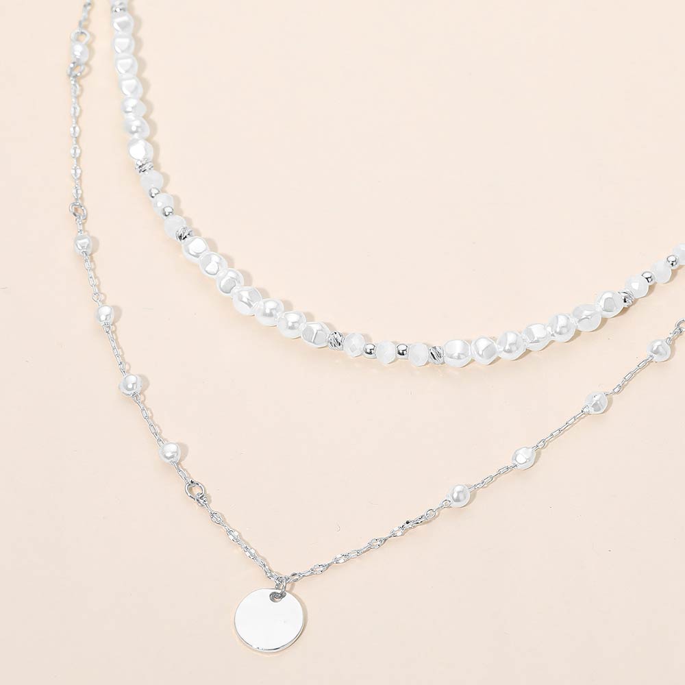 Metal Disc Pendant Pearl Beaded Layered Chain Necklace