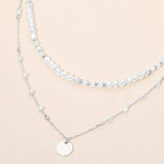 Metal Disc Pendant Pearl Beaded Layered Chain Necklace