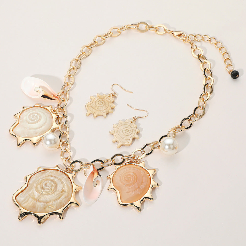 Resin Shell Pearl Charm Station Statement Necklace
