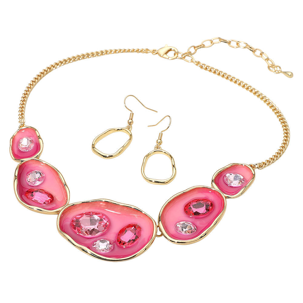 Abstract Gemstone Embellished Enamel Oval Plate Link Statement Necklace