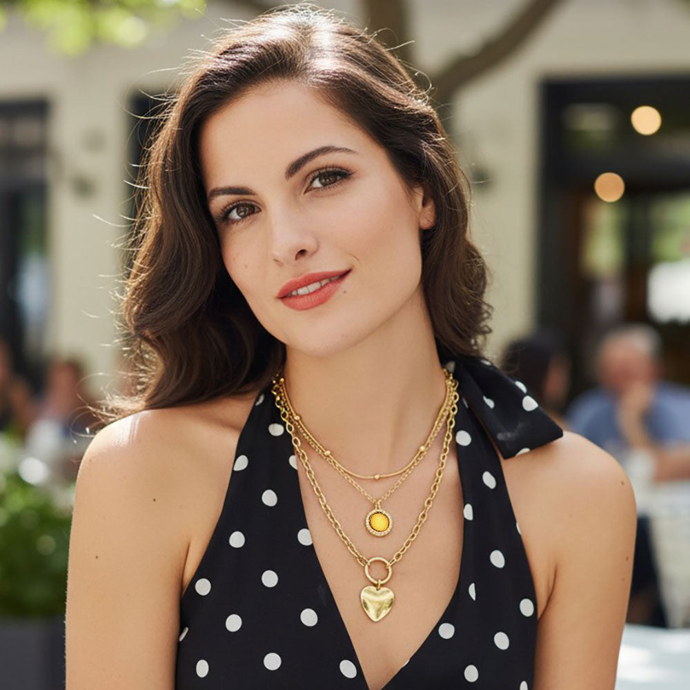 Heart Charm Round Stone Pendant Accent Layered Necklace