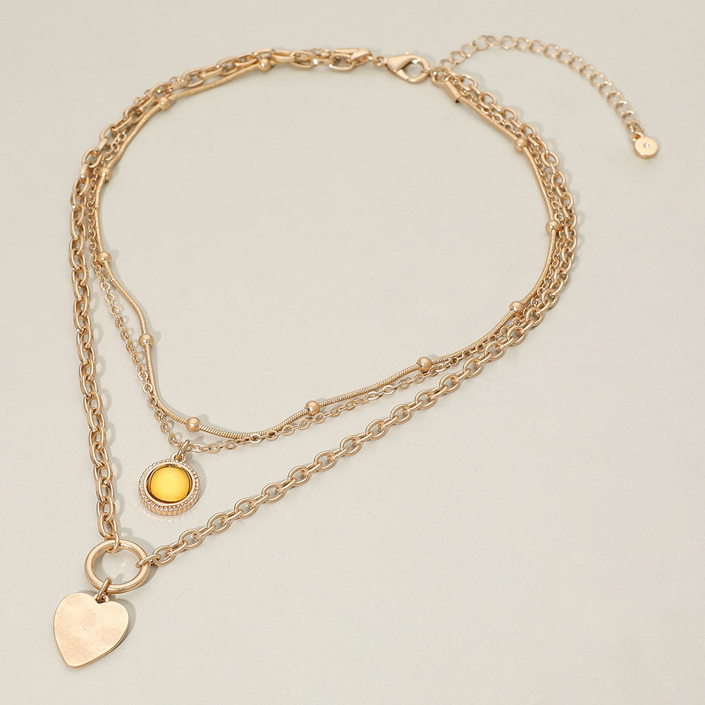 Heart Charm Round Stone Pendant Accent Layered Necklace