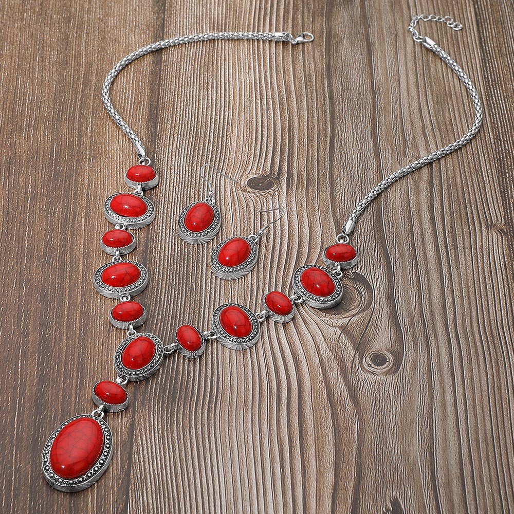 Bold Vintage Boho Oval Stone Link Cascading Statement Necklace