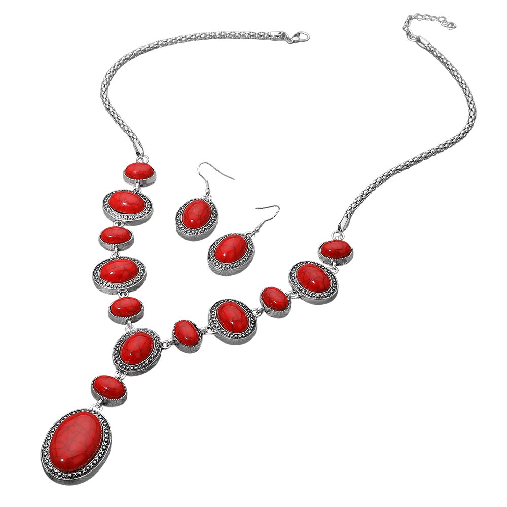 Bold Vintage Boho Oval Stone Link Cascading Statement Necklace