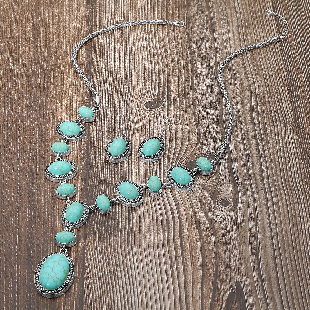 Bold Vintage Boho Oval Stone Link Cascading Statement Necklace