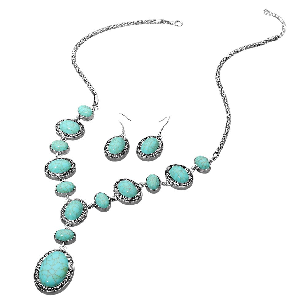 Bold Vintage Boho Oval Stone Link Cascading Statement Necklace