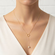 Gold Dipped CZ Pave Ring Pearl Drop Necklace