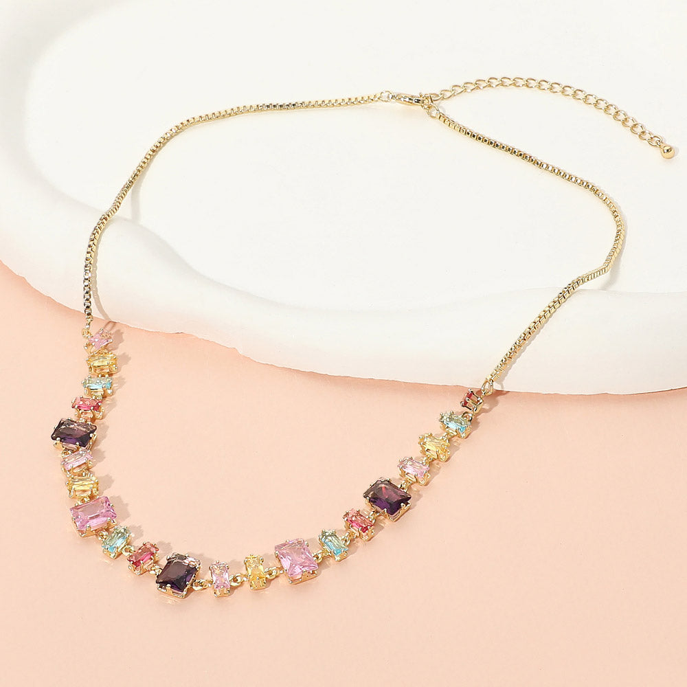 Stainless Steel Mixed Shape Faceted Gem Link Necklace