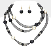 Pearl Accented Triple Layered Mesh Bib Necklace