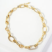 Gold Dipped CZ Stone Paved Oval Link Pointed Chain Necklace