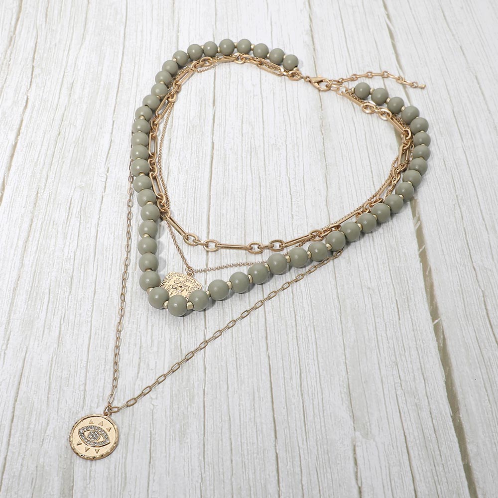 Round Evil Eye Square Pendant Wooden Beaded Multi Layered Necklace