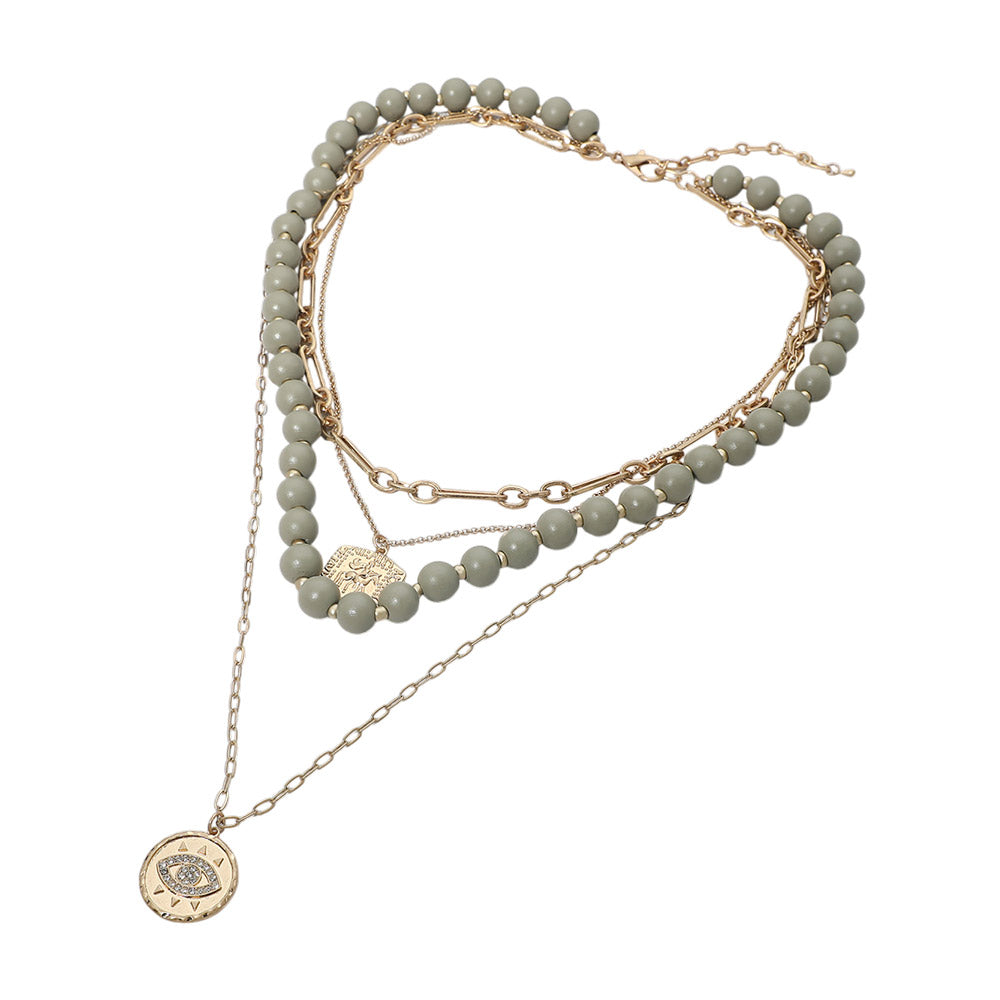 Round Evil Eye Square Pendant Wooden Beaded Multi Layered Necklace