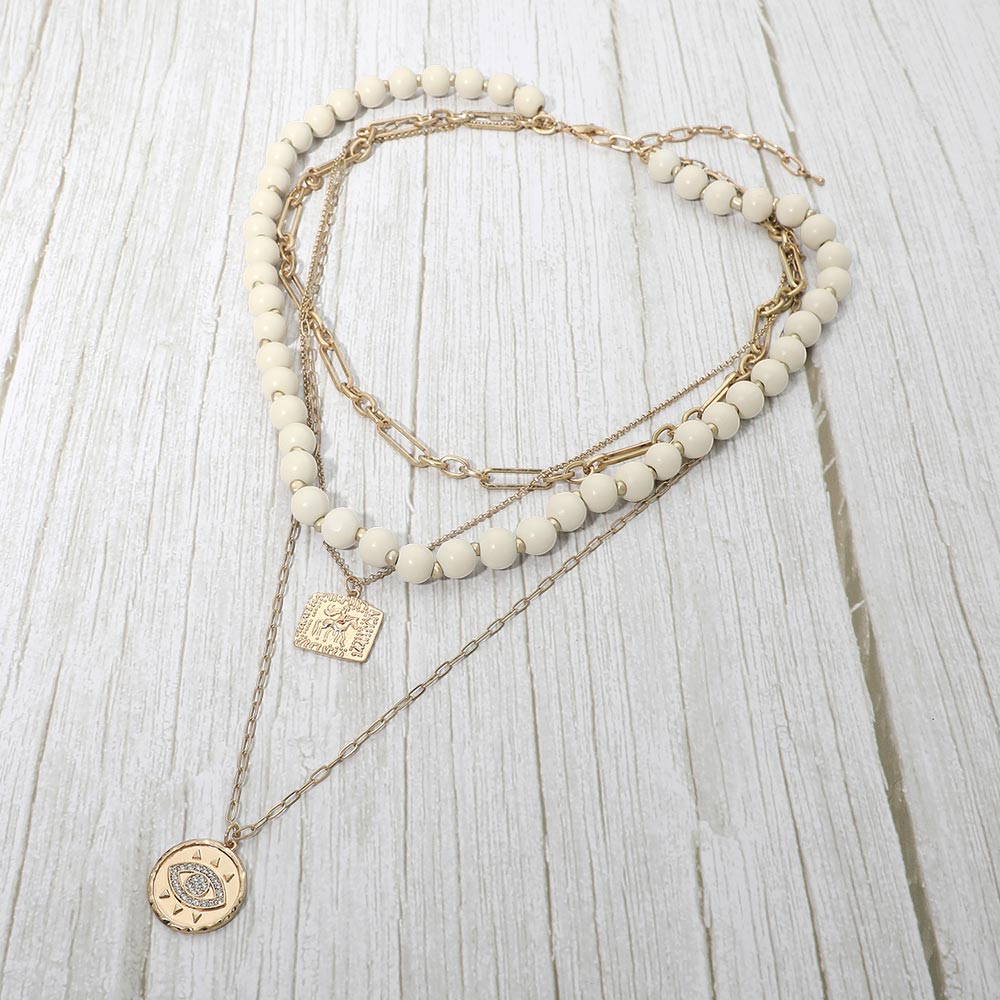 Round Evil Eye Square Pendant Wooden Beaded Multi Layered Necklace