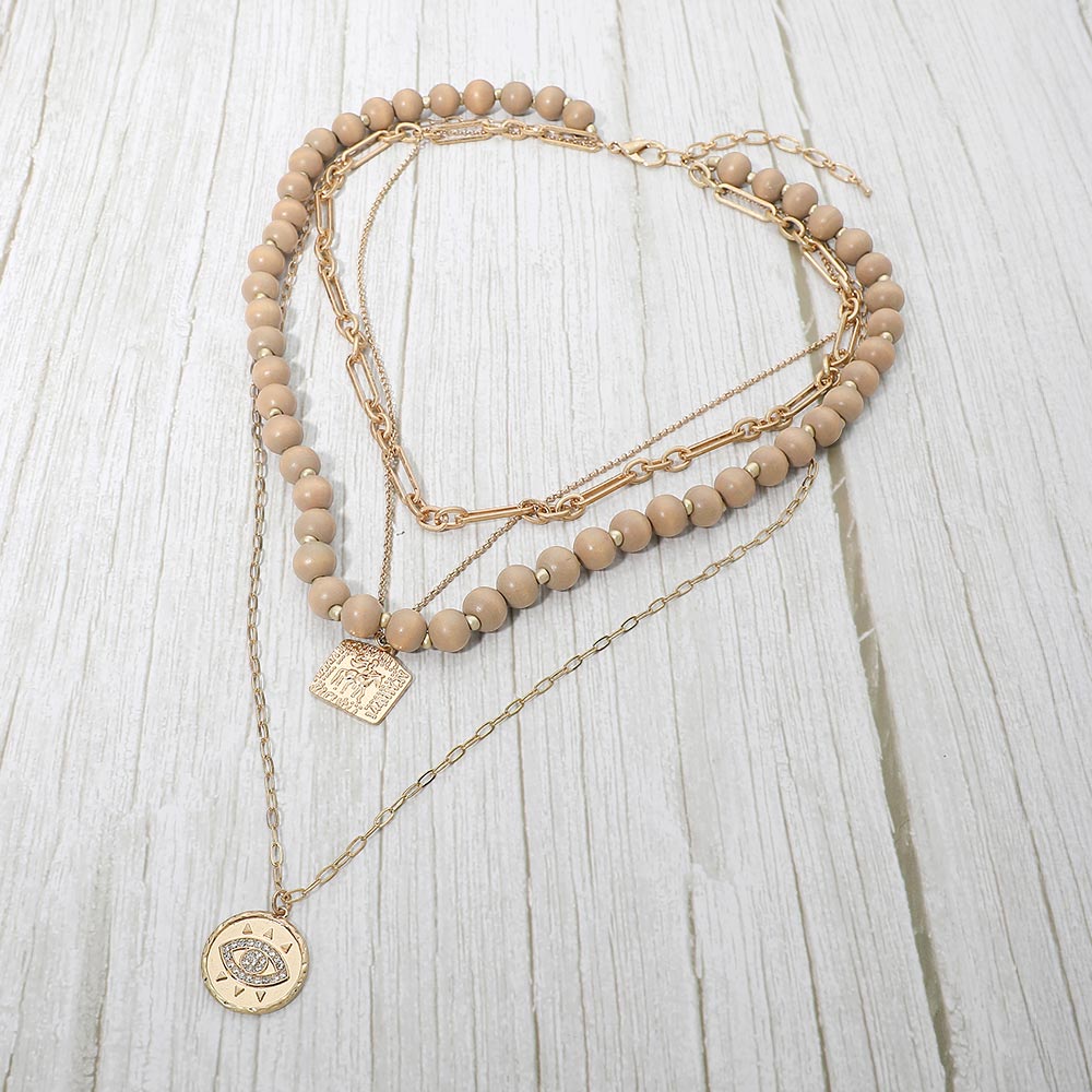 Round Evil Eye Square Pendant Wooden Beaded Multi Layered Necklace