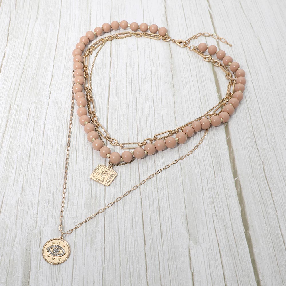 Round Evil Eye Square Pendant Wooden Beaded Multi Layered Necklace
