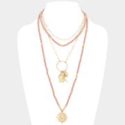 Double Horn Evil Eye Centered Pendant Wood Beaded Multi Layered Necklace