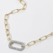 14K Gold Plated CZ Stone Paved Oval Pendant Link Paperclip Chain Necklace