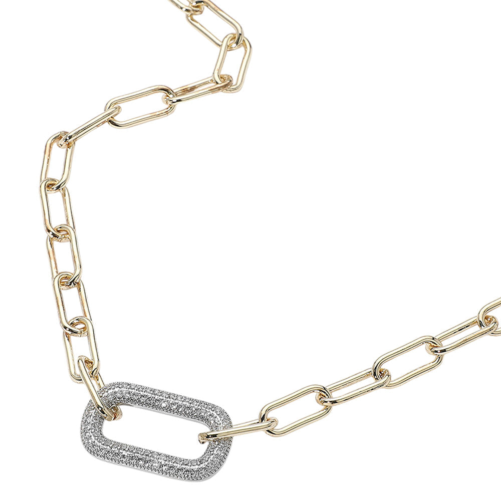 14K Gold Plated CZ Stone Paved Oval Pendant Link Paperclip Chain Necklace