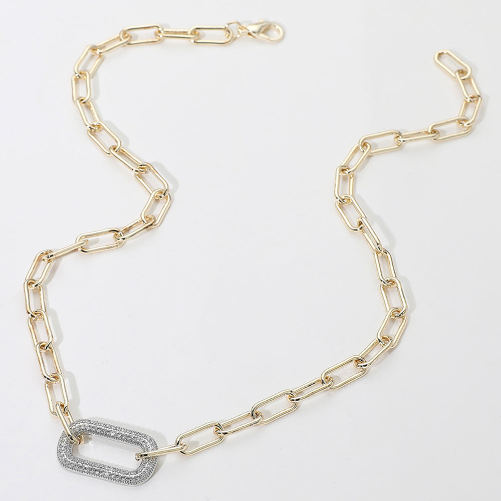 14K Gold Plated CZ Stone Paved Oval Pendant Link Paperclip Chain Necklace