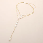 Round Pearl Link Charm Drop Cross Link Chain Y Necklace