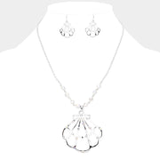 Stone Embellished Cut Out Metal Shell Pendant Necklace