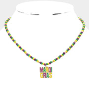 Mardi Gras Message Pendant Wood Ball Necklace