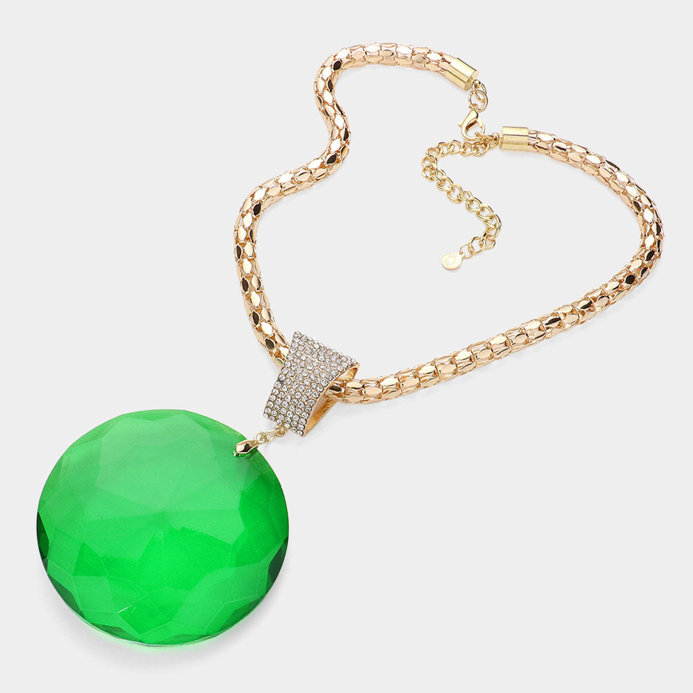 Oversized Round Glass Stone Pendant Pointed Necklace