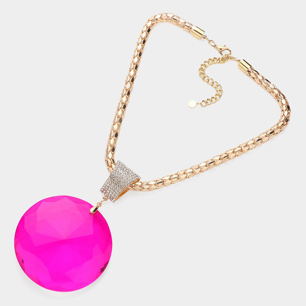 Oversized Round Glass Stone Pendant Pointed Necklace