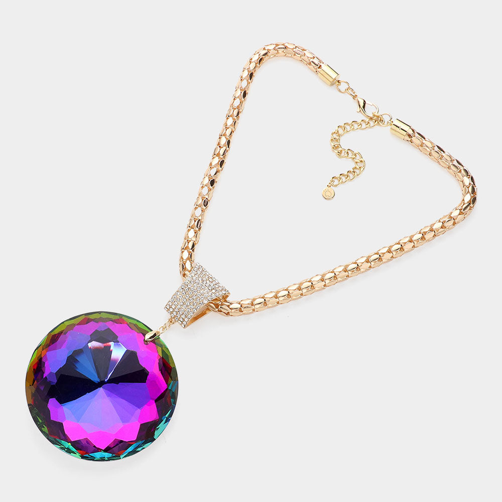 Oversized Round Glass Stone Pendant Pointed Necklace