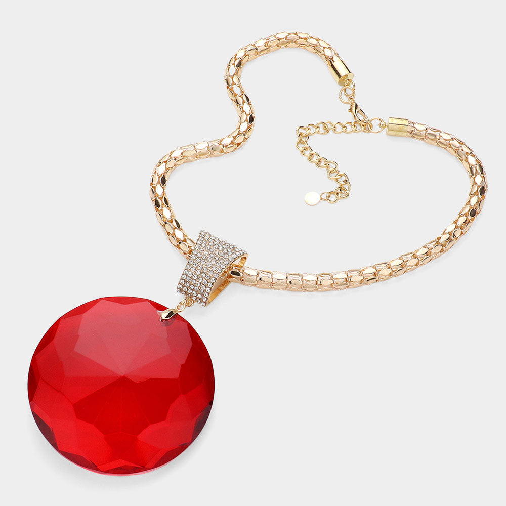 Oversized Round Glass Stone Pendant Pointed Necklace